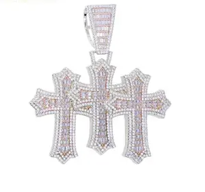 Iced Out Bling Big Cross Pendant Necklace Silver Color Prong Setting CZ