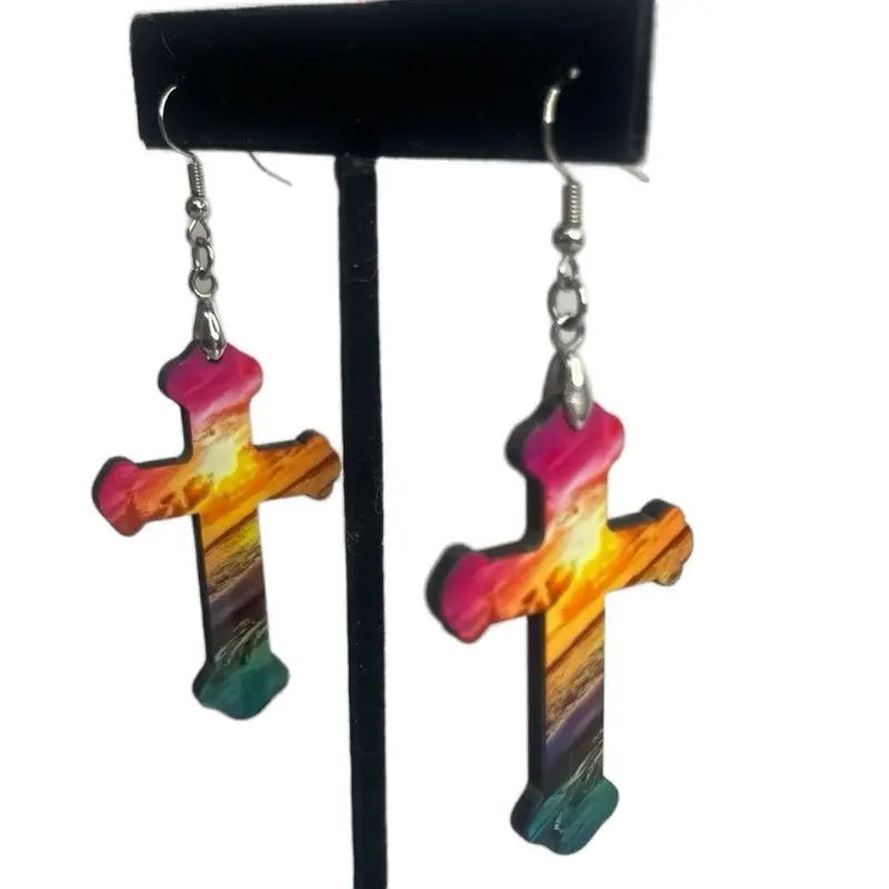 Mommamels Creations Sublimation MDF Cross-Shaped Sunset Print Earrings 2-Inch Double Sides with Sterling Silver Hooks - Unisex