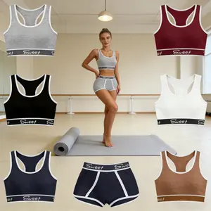 Women's Cotton Gym Set - Wide Waistband Letter Print Sports Bra & Briefs