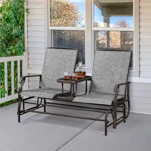 Yaheetech 2-Seat Outdoor Glider with Center Table, Patio Rocking Loveseat with Breathable Mesh Sturdy Metal Frame for Garden Pool Lawn
