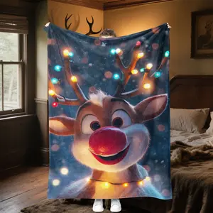 Red-nosed reindeer Rudolph pattern printed blanket, a blanket for the living room, bedroom, office and lunch break, a portable blanket suitable for all four seasons, a holiday gift for family and friends, and a