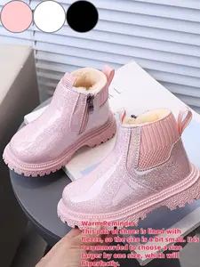 Toddler Girl Glitter Ankle Boots, Winter Warm Faux Fur Lined Snow Boots, Side Zipper Footwear, Cute Winter Boot