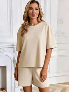 Ebossy Women's 2 Piece Lounge Set Short Sleeve Boxy T-shirt & Shorts Comfywear Summer Pajama Set Loungewear Set