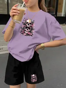 Teen Girls Casual 2-Piece Set, Sweet Cool Dark Style Skull Print, Short Sleeve T-Shirt + Loose Fit Shorts, All Seasons Fashion