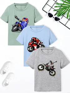 Boys' Fashion Casual Long Sleeves Loose Fit Cartoon Print T-Shirts, Racing Knight Street Bike Yamaha Victory Design