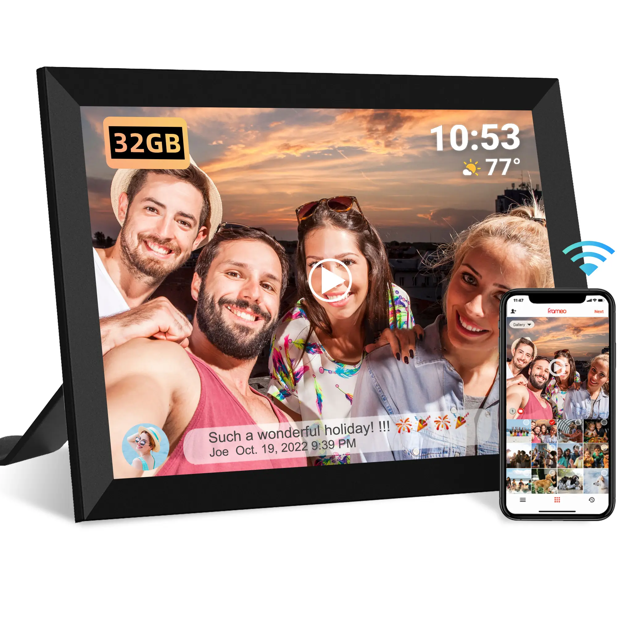 10.1 Inch WiFi Digital Photo Frame Built in 16GB Memory, 1280x800 IPS LCD Touchscreen, Auto-Rotate and Audio, Quick and Easy Share Photos or Videos via The Frameo App, The Best Choice for Gifting