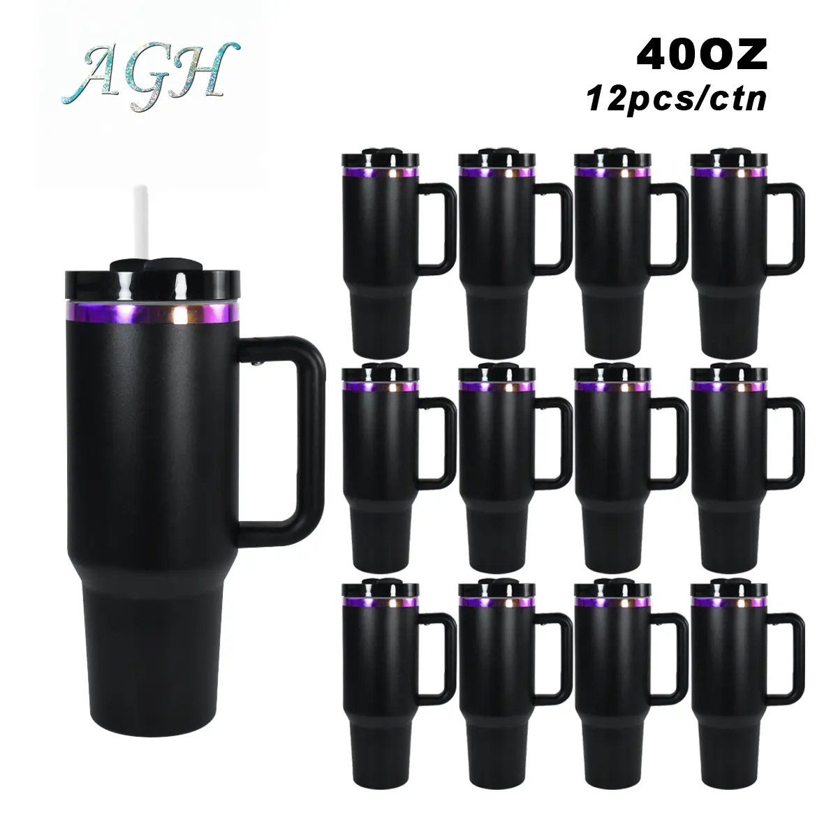 AGH 12pcs 40 oz Powder Coated Purple Rim Type Handle Tumbler with Lids & Straws