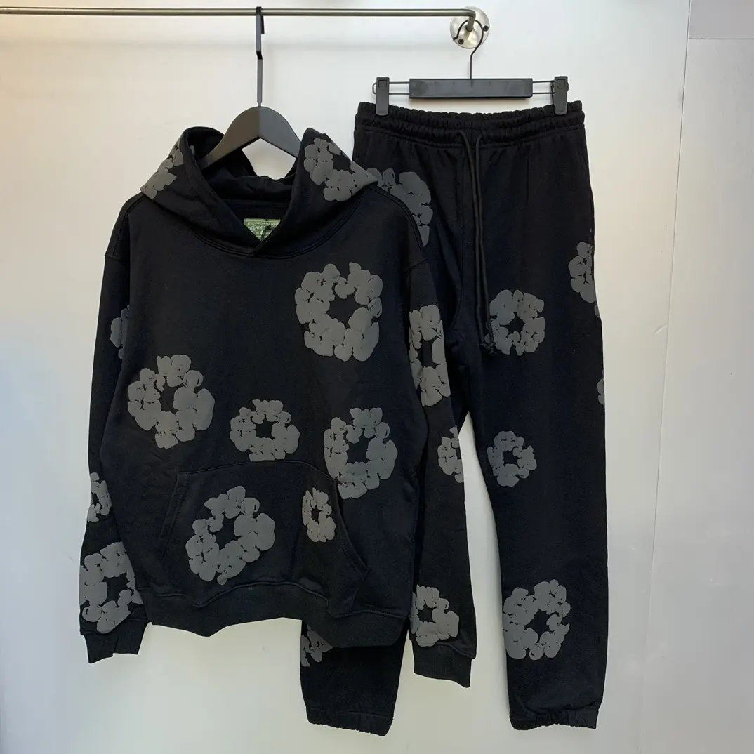 Denim Tears Hoodie & Jogger 2 Piece Tracksuit | 3DPuffFloral Print Oversized Loose Fit Black Cotton I UnisexMenTeen Street Daily Weekend Outfit I Trendy Must-HaveUltraCozy Stylish Outfit
