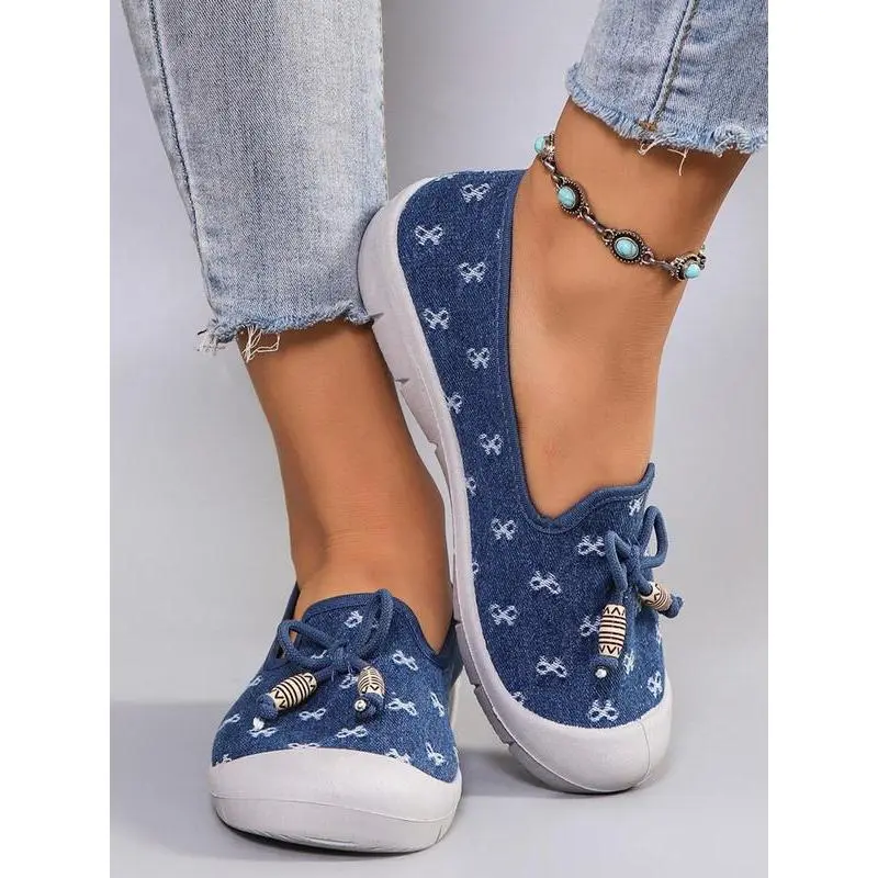 Women's Fashionable All Over Print Bowknot Design Slip On Low Top Sneakers 2026 Match Round Toe Shoes Casual Comfortable Breathable Lightweight Sports Female workout running shoe durable outdoor seasonal Chic