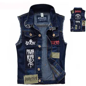 Classic Vintage Men's Jeans Vest Sleeveless Jackets Fashion Patch Designs Punk Rock Style Ripped Cowboy Frayed Denim Vest Tanks Tops Slim Fit