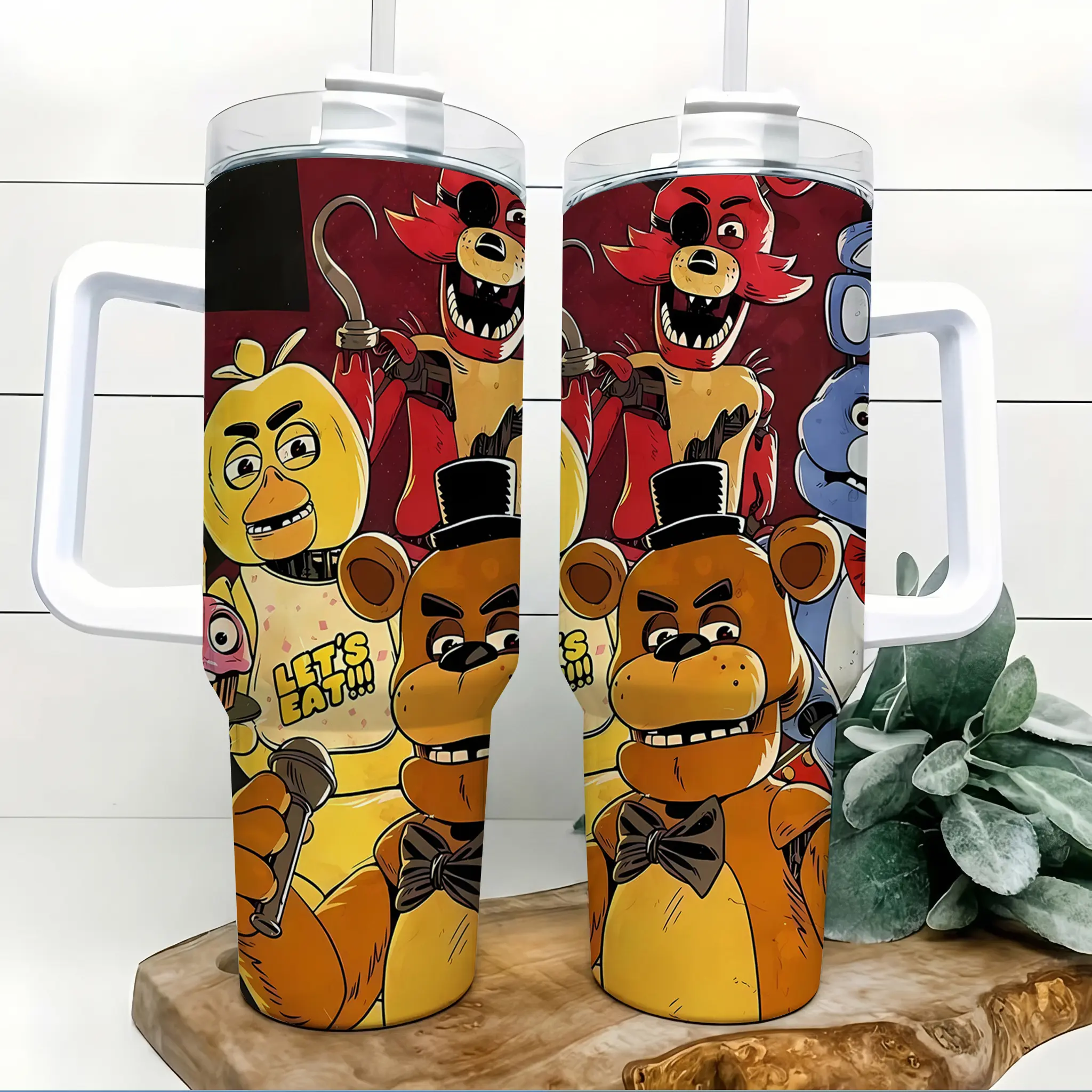 Five Nights at Freddy's FNAF 40oz Insulated Tumbler with Handle and Straw Classic Animatronics Wrap Around Stainless Steel Water Bottle Travel Mug Creepy Horror Game Coffee Cup Gift for Fans Teens Gamers