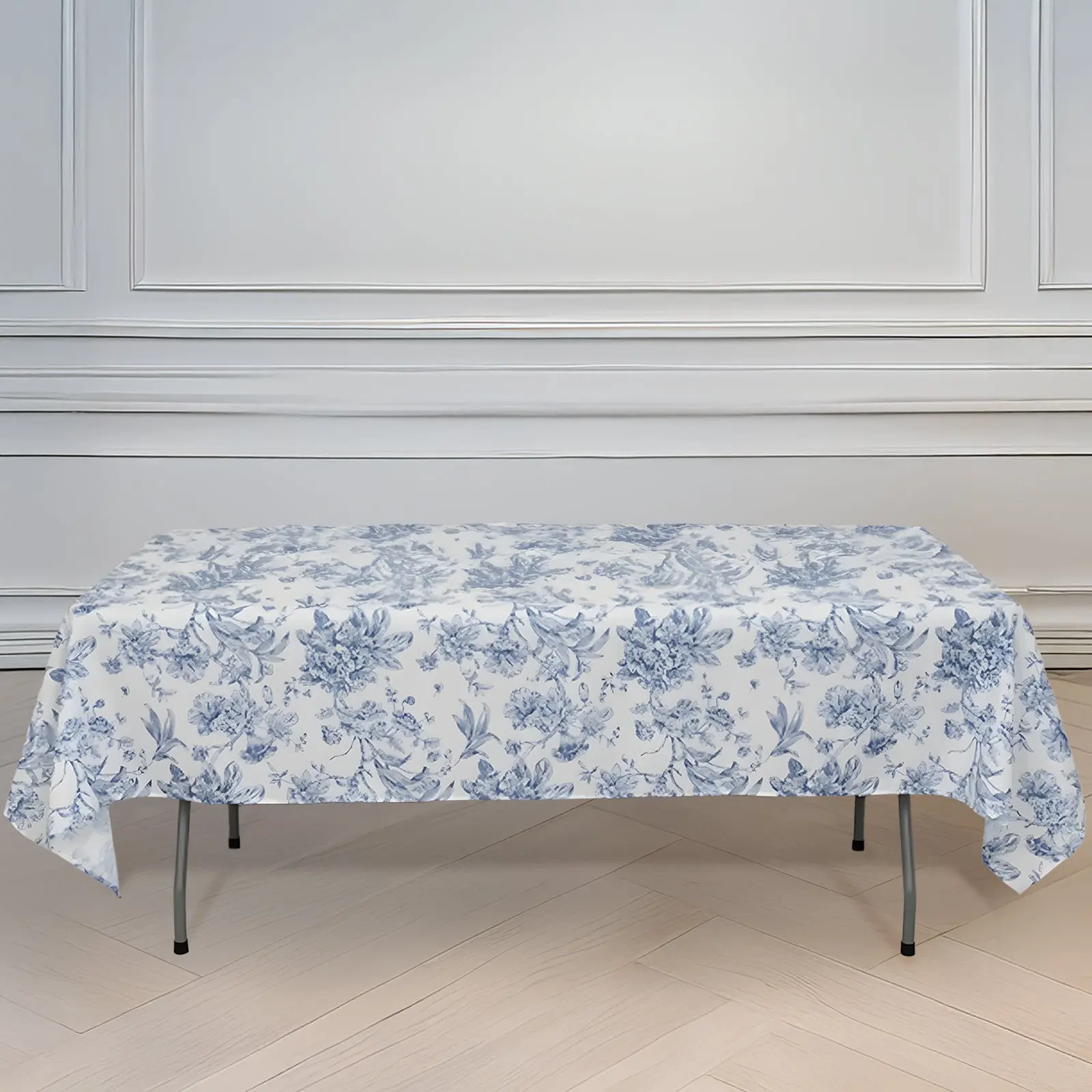 60"x102" White Polyester Rectangle Tablecloth with Blue French Toile Pattern - 1-Piece, Machine Washable Sophisticated Outdoor Table Cover for Chic Weddings & Events, Machine Wash