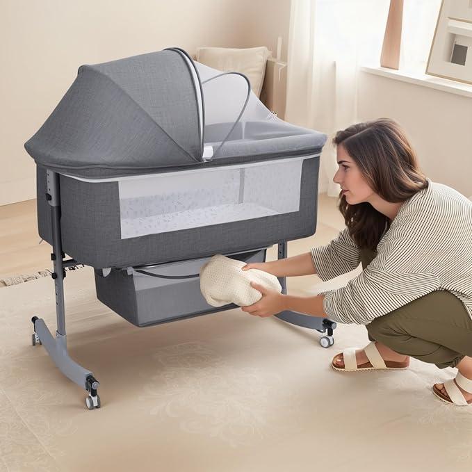 Bassinet Bedside Sleeper, Rocking Bassinets with Comfy Mattress and Wheels for Newborn, 5-Height Adjustable