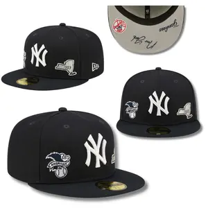 New Era 59FIFTY New York Yankees Fitted Baseball Cap – Black Flat Brim Hat with Raised White NY Logo, 1903 New York State Patch, American League Side Embroidery & Grey Undervisor