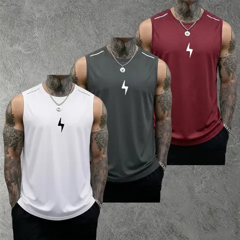 3PCS Men’s Fitness Sports Tank Tops: Casual soft sleeveless fitness muscle T-shirt, bodybuilding T-shirt, sports tank top; solid color design, summer vibe, summerwins, Father’s Day gift