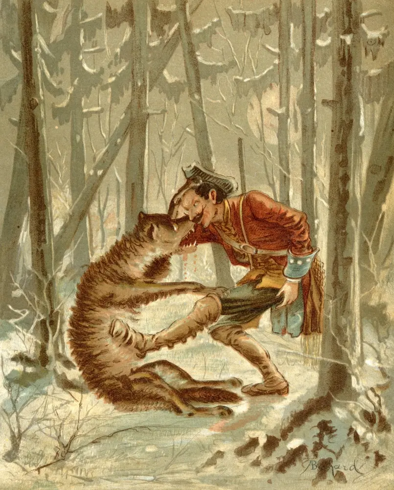 212 MAIN Baron Munchausen Wolf Encounter Artistic Wall Poster Print by Alphonse Adolf Bichard - Large Size 26x32 in Classic Art Wolf Theme Animal-Themed Wall Art Panel, Home Decor Decoration Gift
