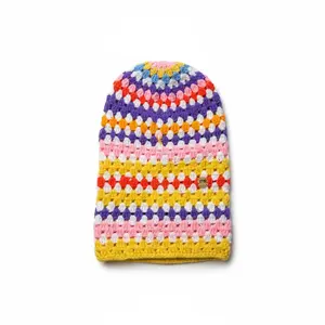 Colorful Crocheted Beanie with Vibrant Stripes Soft Comfortable Material Perfect for Casual Wear Fun Stylish Accessory Unique Crochet Design