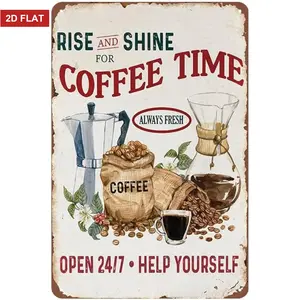 Rise and Shine Coffee Sign - Rustic Farmhouse Design Vintage Metal Wall Decor for Kitchen, Bar, Station - Gift for Coffee Lovers, 8 x 12 Inch