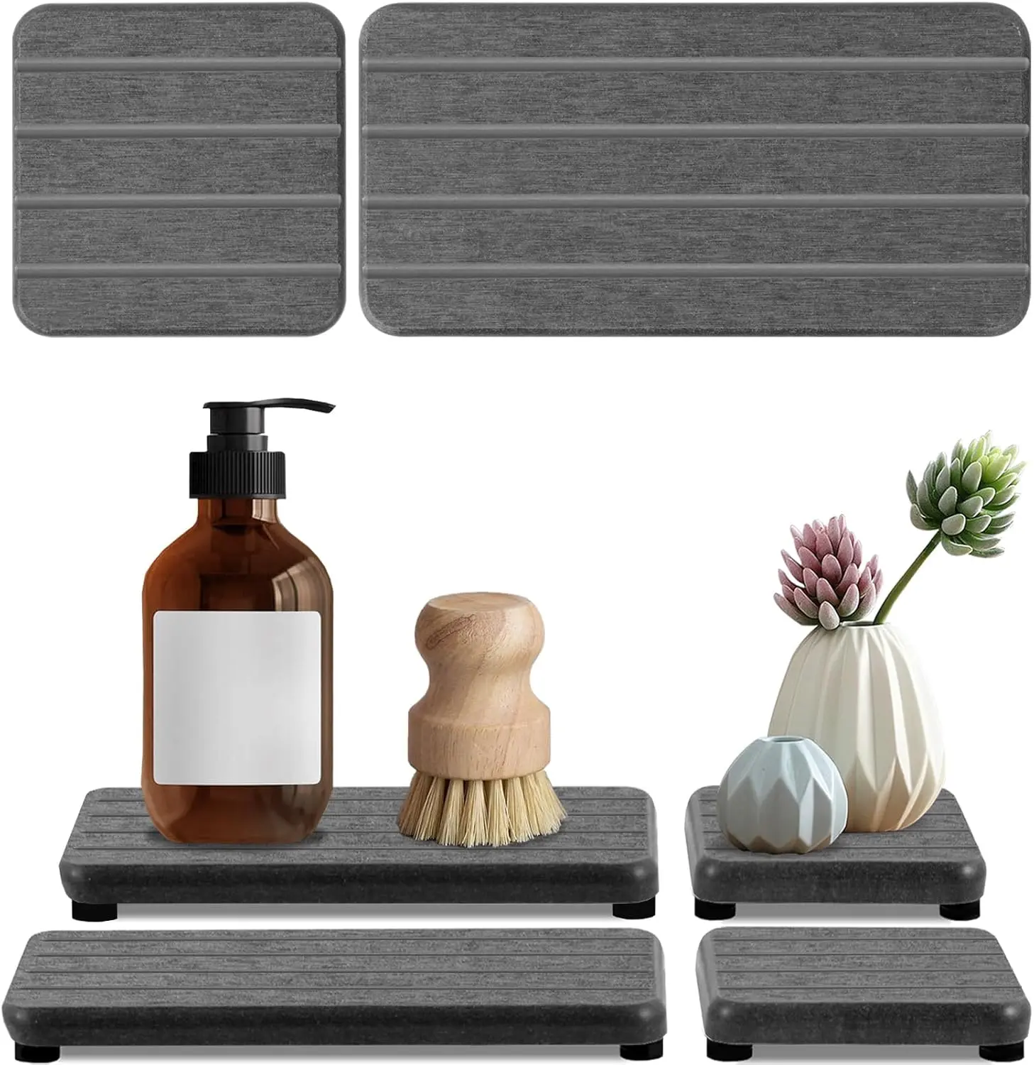 4PCS Silicone Stripe Diatomite Stone Soap Tray Set, Fast-Drying Water-Absorbing Bathroom Vanity Trays for Kitchen Use
