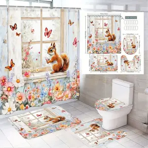 1/4pcs Woodland Cottagecore Shower Curtain Set - Rustic White Window with Squirrel, Pastel Garden Blooms & Butterflies, Matching Bath Mat, Toilet Covers, Perfect for Autumn Bathroom & Home Decor, Bathroom Decoration Accessories