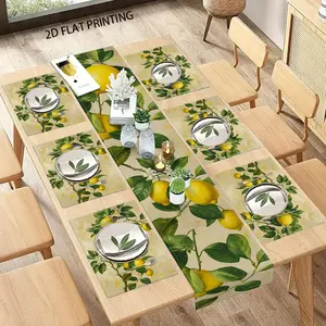 2D flat printing, 5-piece/7-piece watercolor lemon table flag placemat set, with green leaves for summer tabletop decoration and holiday kitchen table decoration, suitable for home gatherings, indoor decoration, and home decor