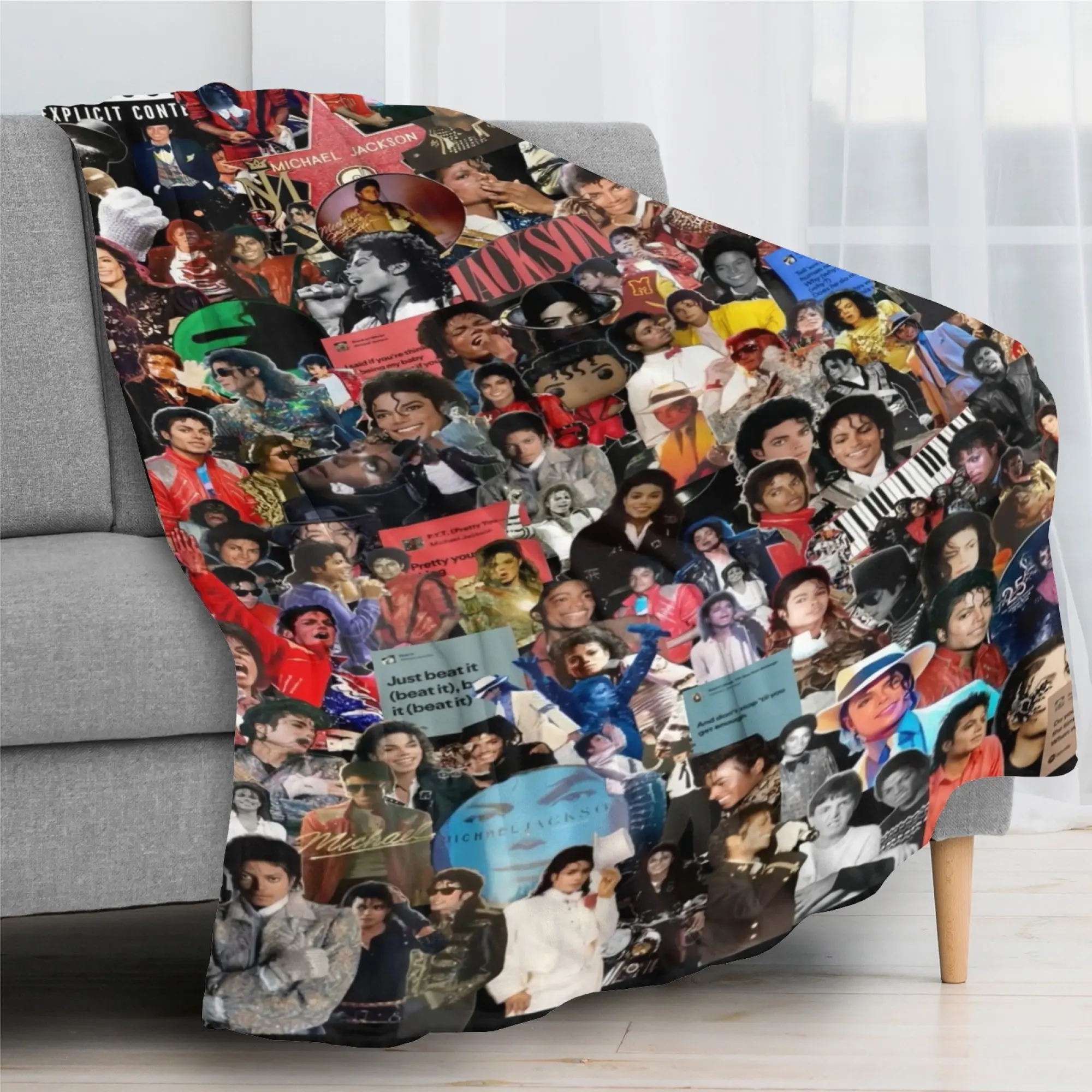 Michael Jackson Multi-Era Stage Photo Collage Soft Flannel Throw Blanket - Vintage Album Lyric Explicit Logo Print, Warm All-Season Cozy Bedding, Retro Pop Star Room Decor, Home House Decor, MJ Fan Birthday Xmas Collectible Gift