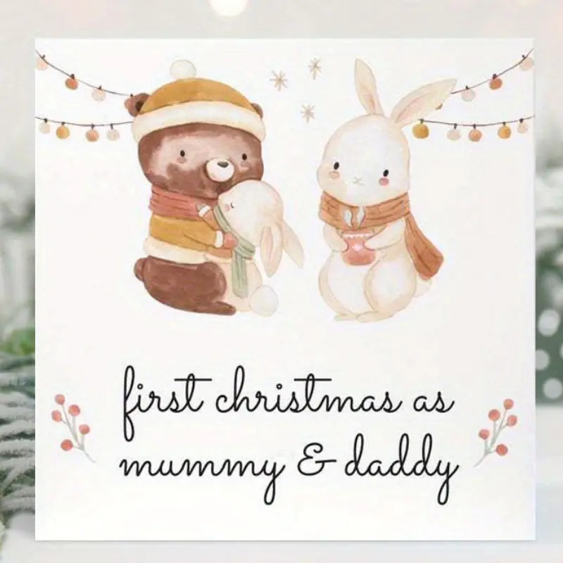 1pc  First Christmas as mummy and daddy card with cute rabbits New mum dad card family 1st Christmas with baby Xmas card greeting cards