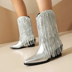FEINLINA Women's Silver Fringe Cowboy Boots with Sparkly Sequins Pointed Toe High Heel Above The Ankle But Below The Knee Synthetic Leather cowgirl boots