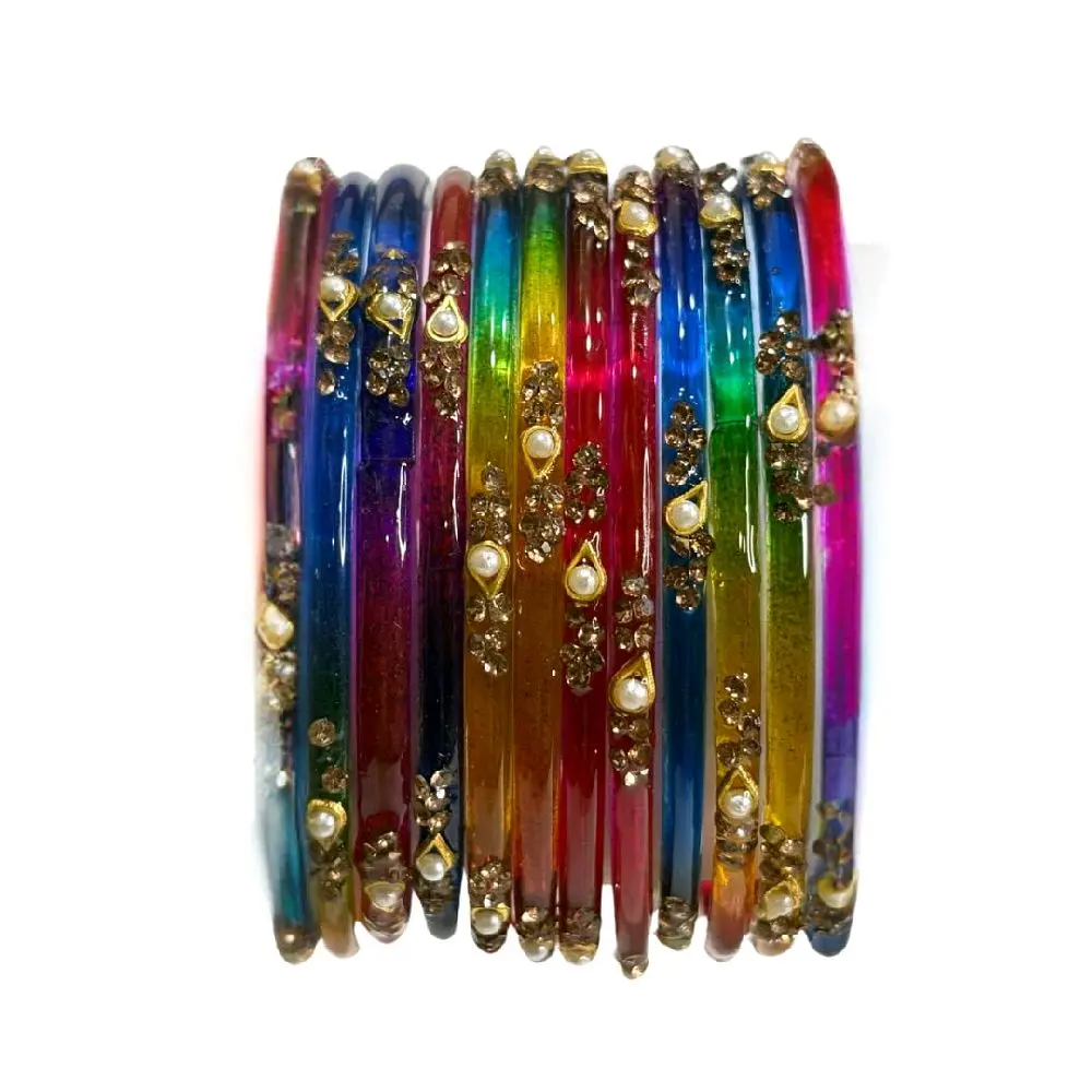 Colorful Glass Raindrop Bangles Set with 18 Glass & 6 Kashmiri Bangles Gold Accents Dangling Charms for Women's Fashion Jewelry 24 Pieces Total Size 2.4 2.6 2.8