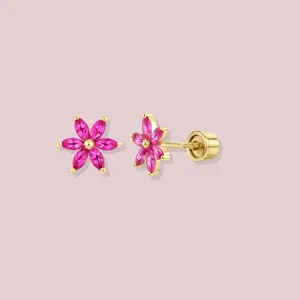 14K Solid Gold Pink Flower Stud Earrings.