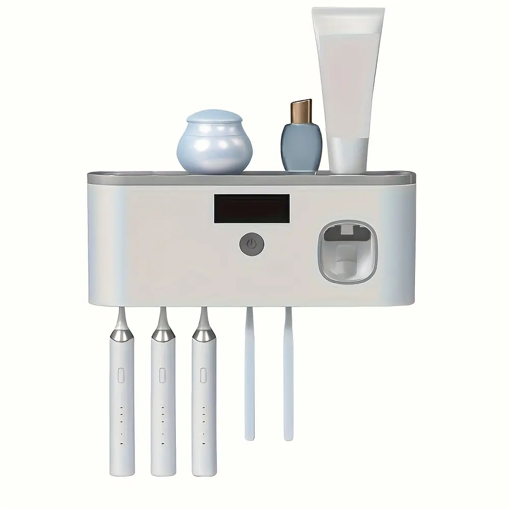 Wall-Mounted Toothbrush Holder with a Built-In Toothpaste Dispenser, Featuring a 3-In-1 Design And Four Slots for Organization And Hygiene