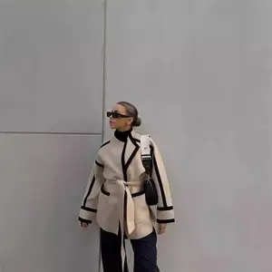 Women's Long-Sleeve Double-Sided Woolen Mid-Length Loose Coat - Lace-Up Contrast-Color Style, Polyester-Blend Womenswear Jackets & Outerwear