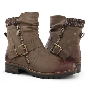 Hawkwell Women's Combat Boots Fashion Side Zipper Buckle Ankle Booties