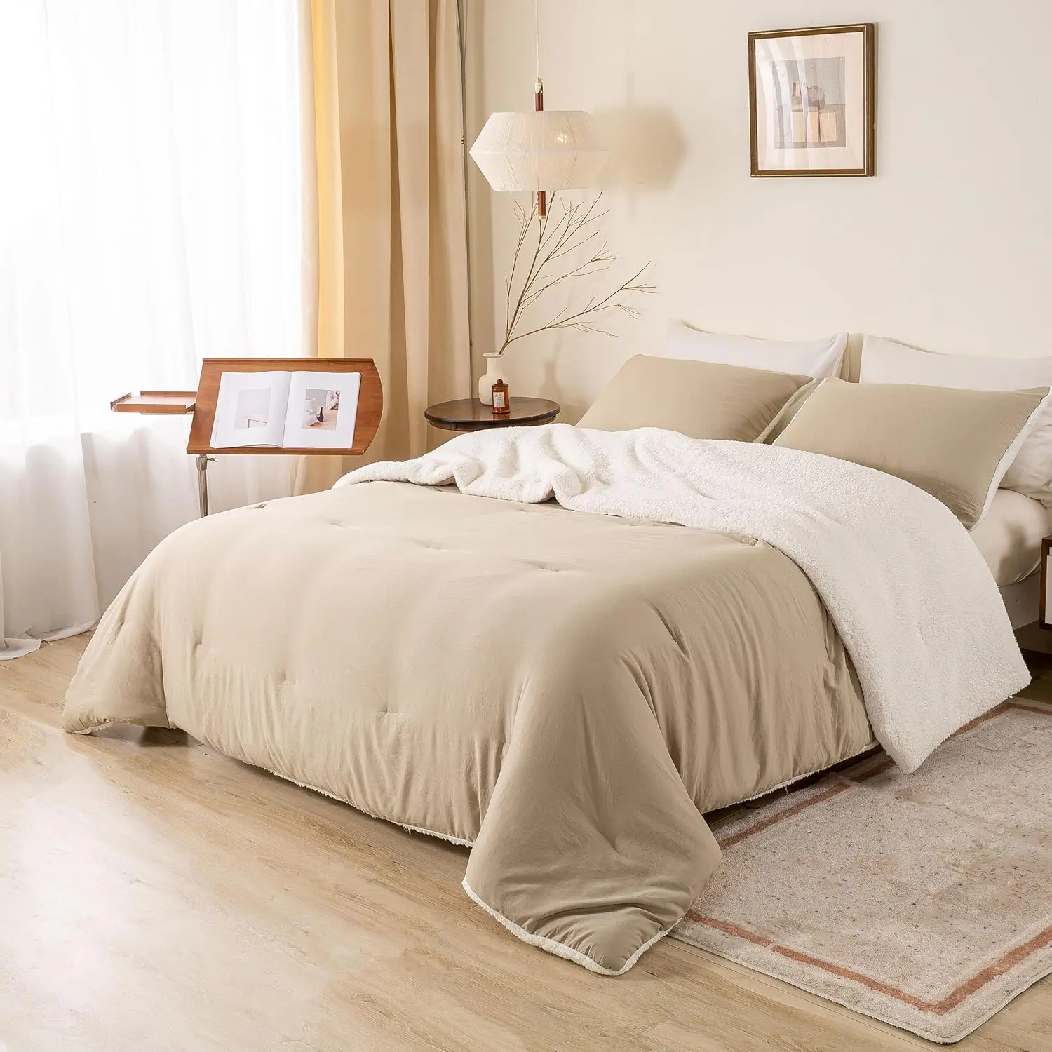 Ultra-Sherpa Fleece Warm Twin/Twin XL Down Alternative Comforter Set with 1 Pillowsham, Beige & White Fluffy Surface Bedding, Lightweight Polyester Fill for College Dorms, Autumn Winter Nights