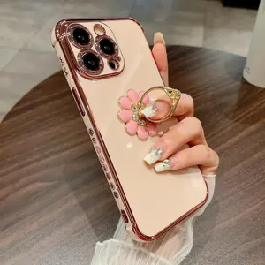 Rose-patterned electroplated edge phone case with a sparkling diamond flower ring stand, compatible with iPhone 7/8/X/11/12/13/14/15/16/17 Pro/Pro Max/Plus. This stylish protective cover features a unique design perfect for daily use.