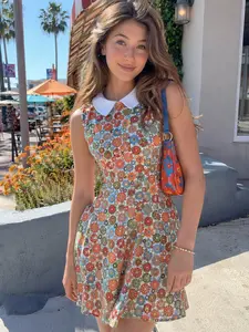 RETRO STAGE Women's 1960s Orange Floral Sleeveless Daisy Peter Pan Collar Above-Knee Dress, Summer Casual Wear with Concealed Zip