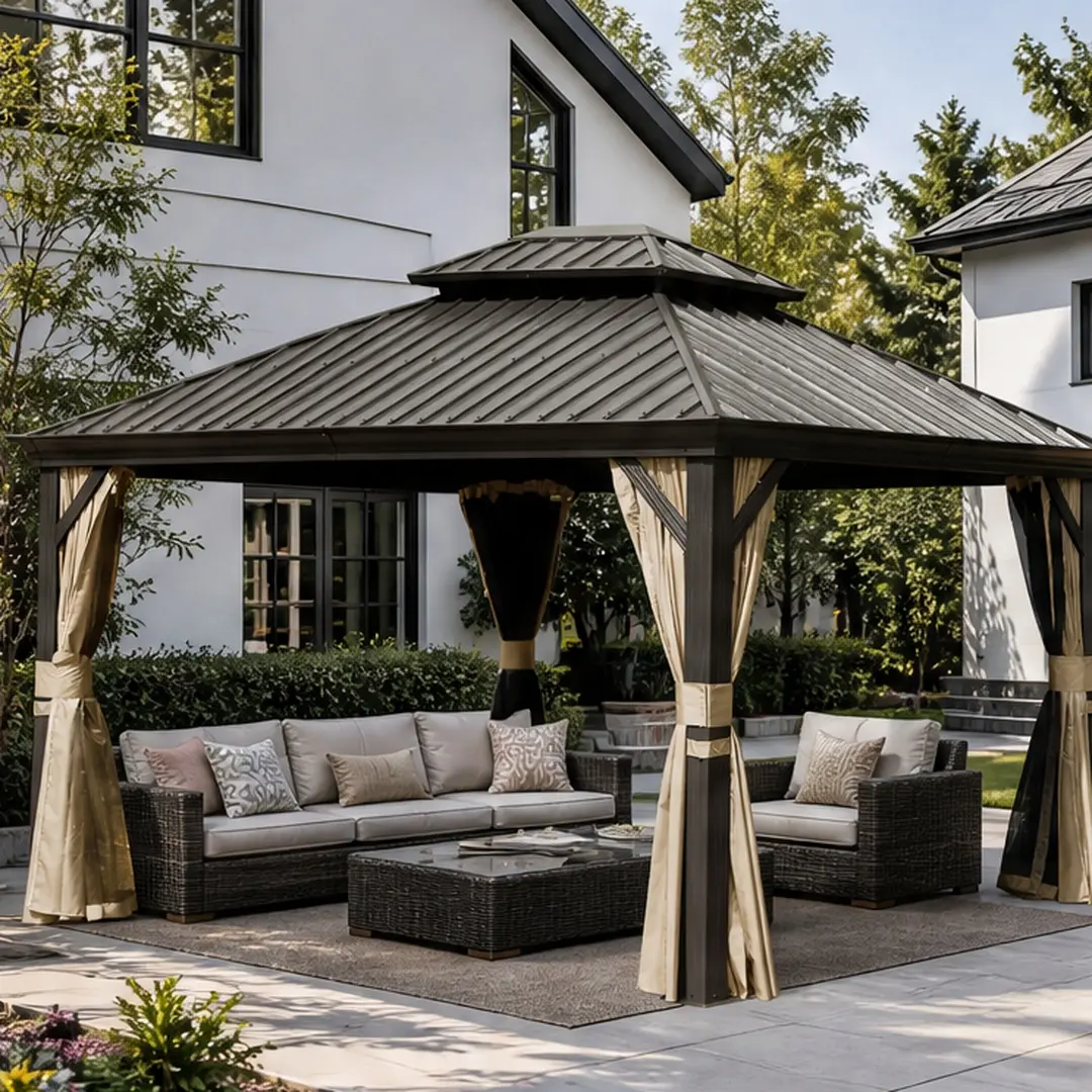ARCH 10'x14' Permanent Hardtop Gazebo for Patio Lawn, Aluminum Frame with 4.72"x4.72" Stand Poles, Galvanized Steel Double Roof, Curtains & Netting, 40MPH Wind Resistant Outdoor Furniture, Outdoor Patio