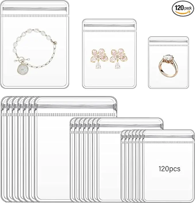 120 Pcs Anti Tarnish Jewelry Bags – Clear PVC Mini Pouches with Zipper Lock, 3 Sizes, For Rings, Earrings, Necklaces – Transparent Storage for Travel, Organizing, Packaging