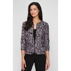 3/4 Sleeve Embroidered Twinset with Solid Matte Jersey Scoop Neck Tank and Center Front Closure Jacket