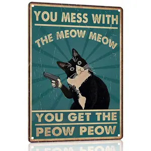"You Mess With The Meow Meow" Funny Cat Sign - Gangster Cat Meme Art - Rustic Farmhouse Wall Decor for Man Cave & Toilet - Humorous Pet Owner Gift - Distressed Tin Plate