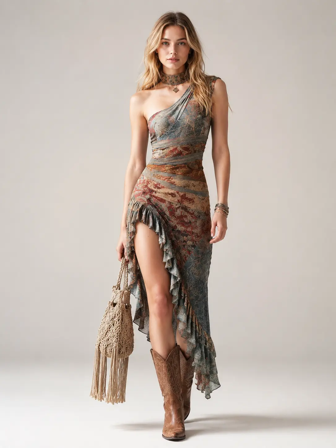 Women's Boho 1-Shoulder Maxi Dress - Vintage Abstract Print, Cutout, Sleeveless, Asymmetrical Ruffle Hem, Summer Beach Vacation Festival Formal Dress