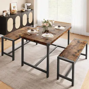 Farmhouse Kitchen Table Set for 4, Rectangular Table & 2 Benches, Apartment