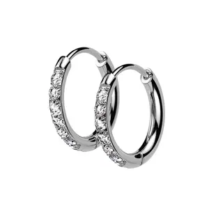 CZ Crystal Lined 2mm Thin Hinged Huggie Hoop Earrings - Pair - 316L Stainless Steel