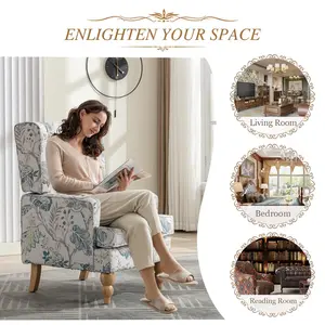 [BacktoSchool]  Ebello Floral Accent Chair Wingback Living Room Chair, Modern Button Printed Fabric Upholstered Armchair with Sturdy Wood Legs and High Back for Reading in Bedroom Office Study