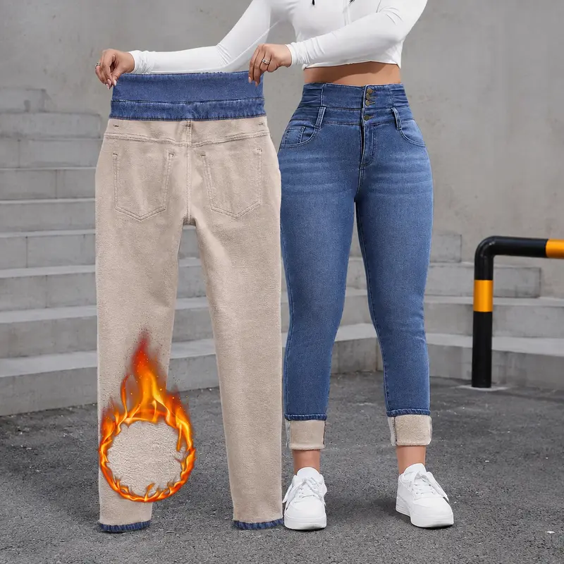 Women's Fleece-Lined High-Waisted Slim-Fit Denim Bottoms - Plus Sizes, European & American Fashion Streetwear, Warmth Boost for Sports & Outdoor Activities