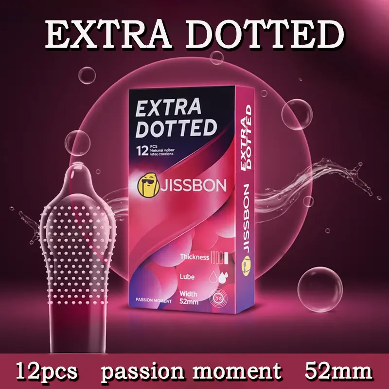 JISSBON CE Certified Natural Latex Condoms - 0.05mm Ultra-Thin, 3D Extra Dotted, Smooth Design, Intense Stimulation, Couple Daily Intimate Protection Against Unintended Pregnancy, 12 Pcs, Discreet Packaging