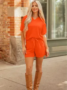 Orange Textured V Neck T Shirt and Shorts Set - 95% Polyester 5% Elastane Casual Fabric for Daily Wear Fit Womenswear Clothes Elastic Everyday Feminine Style Suits Top