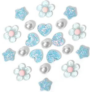 21Pcs Blue Flower Shoe Charms for Sandals, Cute Heart Star Pearl Accessories for Slip-On Shoes, DIY Decoration Pins Gift for Girls and Women