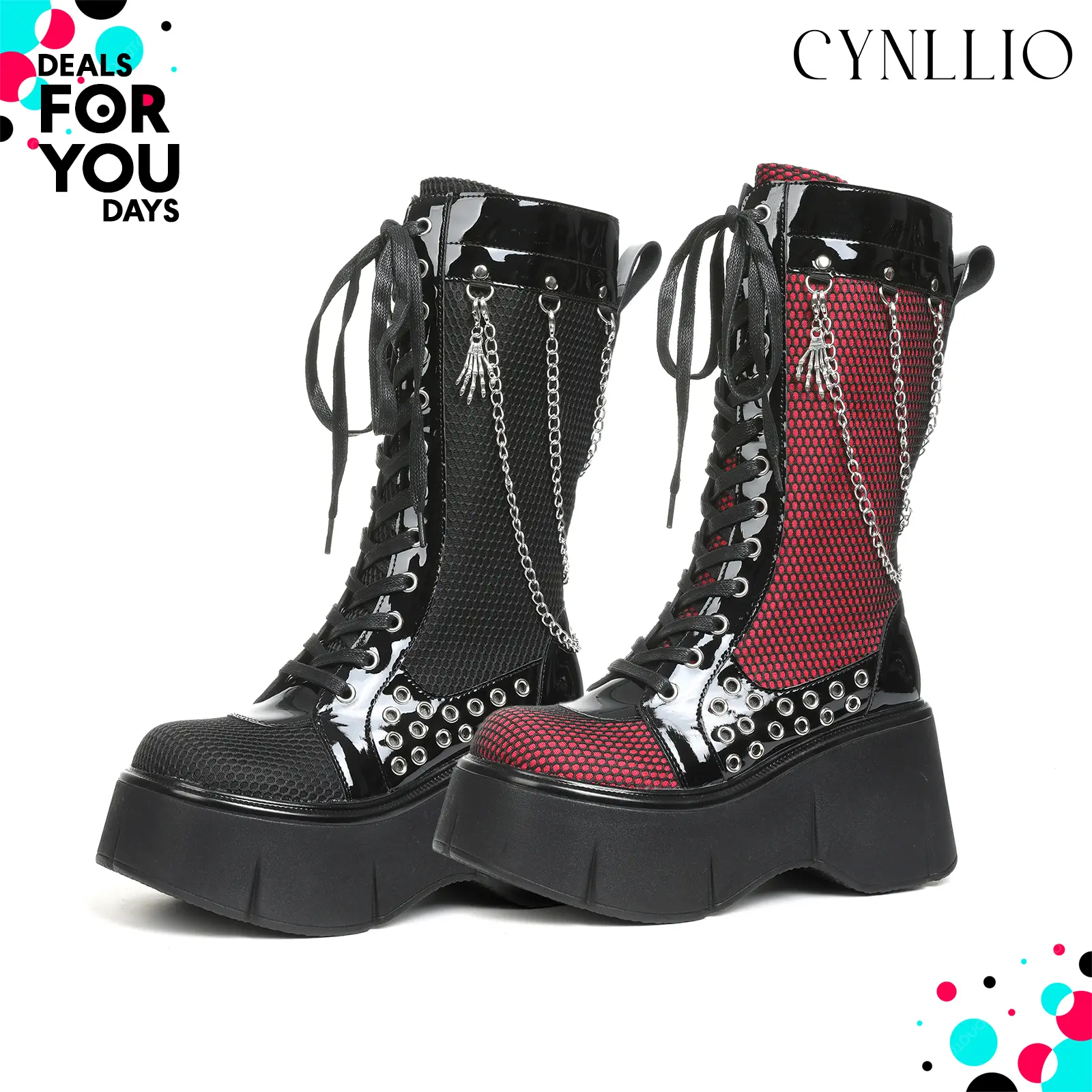 CYNLLIO Womens Mid Calf Gothic Boots Rounded Toe Platform Thick Heels Fashionable Lace Up Side Zipper Fishnet Mesh Chain Detail Metalic Skeleton Claws Studs Eyelets Y2K Style Comfy Outdoor Clubbing Event Casual Spring Combat Kawaii Boot Deals For You Days