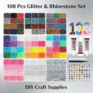 108 Color Nail Art Rhinestone Set, Flat Bottom Glass Beads DIY Nail Accessories, Includes Glue Tweezers, Universal Tool Kit for Nail Art/diamond Painting， Nail Art Rhinestones 、 Flatback Crystals 、 with Adhesive Glue 、 Diamond Painting 